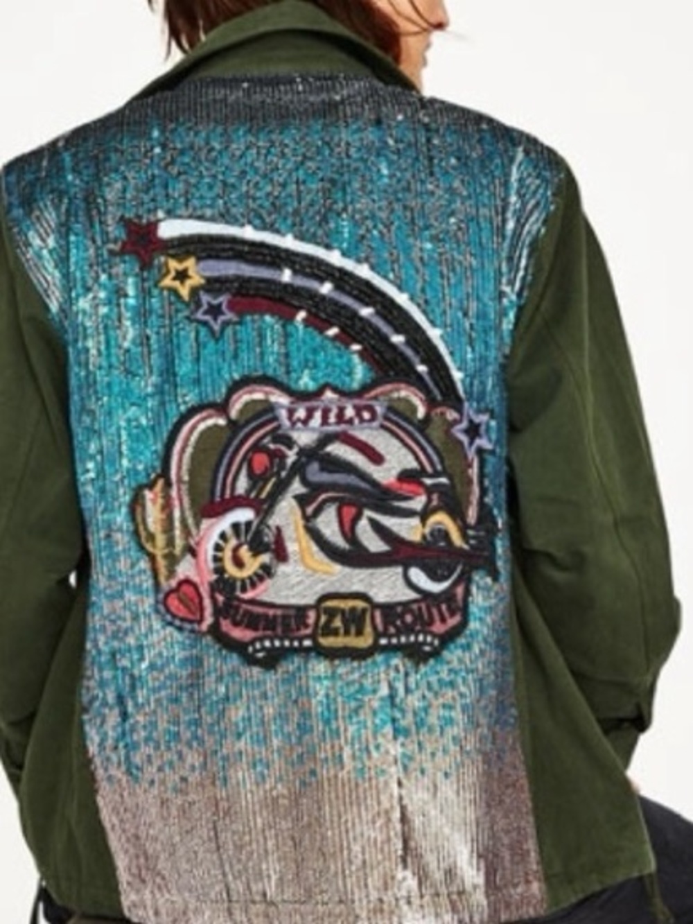 Zara Olive Bomber Jacket with Colorful Sequins and Embroidery